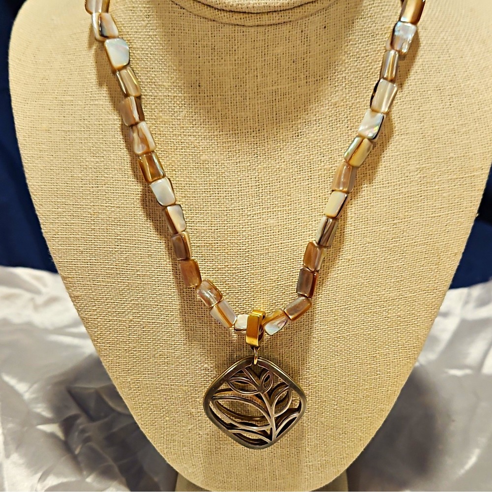 Premier Design Reversible Gold Silver Pendant Mother Of Pearl Beaded Necklace